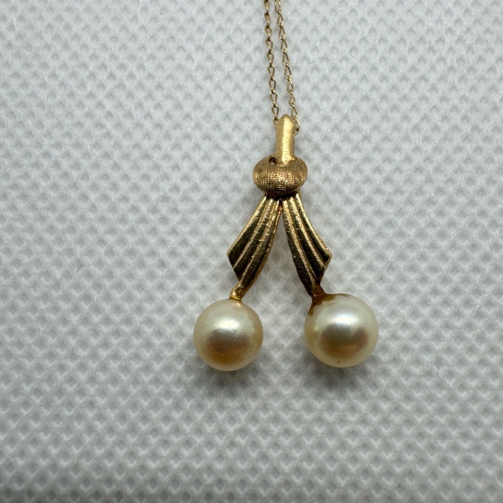 Vintage 14k Yellow Solid Gold Double Pearl Pendant Necklace 17”, 2.11g, 6mm